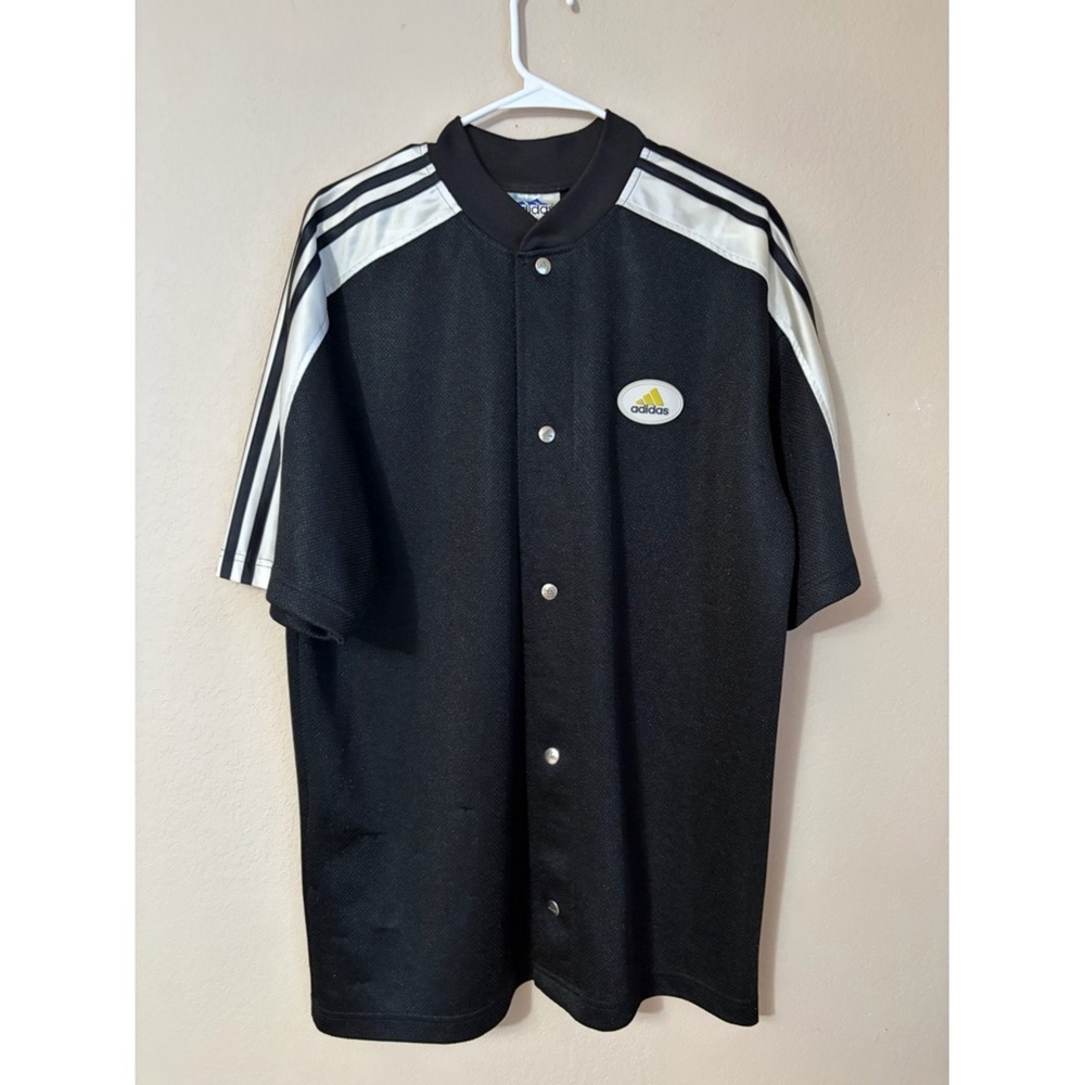 Vintage 90s Adidas Snap Front Warm Up Shirt Jersey Black White Men's Medium